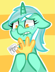 Size: 423x554 | Tagged: safe, artist:steeve, lyra heartstrings, human, pony, unicorn, abstract background, clothes, cropped, crying, female, gloves, lip bite, mare, that pony sure does love hands