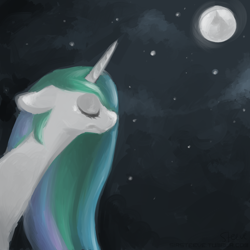 Size: 800x800 | Tagged: safe, artist:steeve, princess celestia, alicorn, pony, cropped, eyes closed, female, mare, moon, night, sad, solo, stars