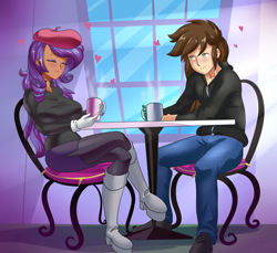 Size: 2239x2048 | Tagged: safe, artist:thebrokencog, rarity, oc, oc:arrow swift, human, canon x oc, canterlot, chair, chocolarity, clothes, commission, crossed legs, cup, dark skin, drink, eyes closed, female, gloves, heart, high res, humanized, male, pants, rariswift, shoes, sitting, smiling, table