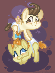 Size: 548x734 | Tagged: safe, artist:steeve, pound cake, pumpkin cake, pegasus, pony, unicorn, baby cakes, abstract background, baby, baby pony, cake twins, colt, cropped, diaper, diapered, diapered colt, diapered filly, diapered foals, female, filly, male, one month old colt, one month old filly, one month old foals, white diapers