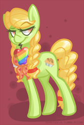 Size: 570x848 | Tagged: safe, artist:steeve, granny smith, earth pony, pony, abstract background, cropped, female, mare, mouth hold, solo, young granny smith, zap apple