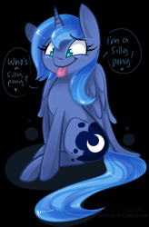 Size: 755x1149 | Tagged: safe, artist:steeve, princess luna, alicorn, pony, :p, abstract background, cross-eyed, cute, female, filly, lunabetes, s1 luna, silly, silly pony, sitting, smiling, solo, tongue out, weapons-grade cute, woona