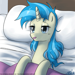 Size: 900x900 | Tagged: safe, artist:johnjoseco, allie way, pony, unicorn, adobe imageready, bed, female, mare, morning ponies, pillow, solo, tongue out