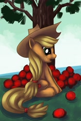 Size: 2000x3000 | Tagged: safe, artist:alexmakovsky, applejack, earth pony, pony, apple, female, high res, mare, paint tool sai, sitting, solo, tree