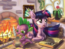 Size: 2000x1500 | Tagged: safe, artist:alexmakovsky, princess celestia, spike, twilight sparkle, unicorn twilight, alicorn, dragon, pony, unicorn, book, female, fire, fireplace, flower, letter, male, mare, photoshop, prone, quill, trio