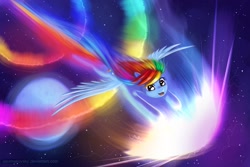 Size: 3000x2000 | Tagged: safe, artist:alexmakovsky, rainbow dash, pegasus, pony, backwards cutie mark, female, flying, high res, mare, moon, paint tool sai, solo, sonic rainboom, space