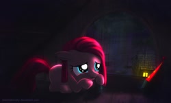 Size: 2000x1200 | Tagged: safe, artist:alexmakovsky, pinkie pie, earth pony, pony, female, filly, foal, photoshop, pinkamena diane pie, prone, rain, rock, scared, solo, window