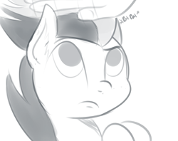 Size: 1011x800 | Tagged: safe, artist:cosmonaut, derpibooru import, rumble, pegasus, pony, colt, hand, head pat, male, monochrome, offscreen character, offscreen human, pat, sketch, solo