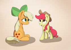 Size: 3716x2649 | Tagged: safe, artist:whiskeypanda, derpibooru exclusive, apple bloom, applejack, earth pony, pony, accessory swap, alternate hairstyle, cowboy hat, duo, duo female, female, filly, hat, mane swap, mare, ribbon, simple background, sisters, sitting, smiling, stetson