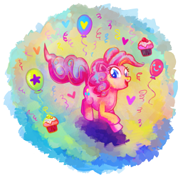 Size: 1767x1731 | Tagged: safe, artist:yukihyo, pinkie pie, earth pony, pony, balloon, confetti, cupcake, female, mare, multicolored hair, simple background, solo, transparent background