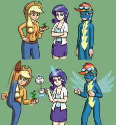 Size: 1280x1388 | Tagged: safe, artist:mkogwheel, applejack, rainbow dash, rarity, human, augmented, clothes, earth pony magic, ethereal horn, ethereal wings, female, food, goggles, green background, humanized, magic, plant, simple background, tea, telekinesis, trio, uniform, wings, wonderbolts, wonderbolts uniform