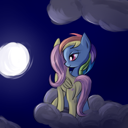 Size: 800x800 | Tagged: safe, artist:fajeh, fluttershy, rainbow dash, pegasus, pony, cloud, cloudy, cute, cutie mark, female, flutterdash, full moon, hooves, lesbian, mare, moon, night, night sky, on a cloud, plot, shipping, sky, smiling, standing on cloud, wings