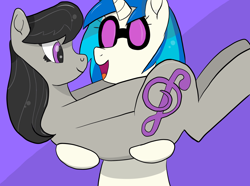 Size: 1400x1043 | Tagged: safe, artist:augjodo, dj pon-3, octavia melody, vinyl scratch, earth pony, pony, unicorn, carrying, digital art, female, lesbian, mare, open mouth, scratchtavia, shipping, smiling, sunglasses