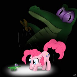 Size: 2000x2000 | Tagged: safe, artist:1jaz, gummy, pinkie pie, earth pony, pony, black background, female, high res, mare, marionette, photoshop, puppet, simple background, wat