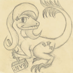 Size: 500x500 | Tagged: safe, artist:hotkinkajou, ponybooru exclusive, oc, oc only, oc:raptorshy, dinosaur, the end of derpibooru, banhammer, derpibooru, fandom drama, meta, pencil drawing