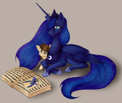 Size: 1240x1049 | Tagged: safe, artist:weresquirrel94, pipsqueak, princess luna, alicorn, earth pony, pony, book, brown background, colt, female, lunapip, male, mare, photoshop, prone, shipping, simple background, straight