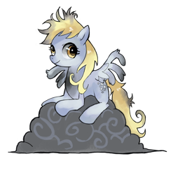 Size: 1114x1127 | Tagged: dead source, safe, artist:suikuzu, derpy hooves, pegasus, pony, the last roundup, adobe imageready, cloud, cute, derpabetes, female, injured, mare, messy mane, prone, simple background, smiling, solo, transparent background