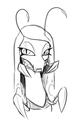 Size: 284x466 | Tagged: safe, artist:jargon scott, queen chrysalis, changeling, changeling queen, alternate design, bust, grayscale, lidded eyes, mandibles, monochrome, portrait, simple background, solo, white background