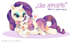 Size: 1421x836 | Tagged: dead source, safe, artist:suikuzu, rarity, sweetie belle, pony, unicorn, adobe imageready, cuddling, cute, diasweetes, eyes closed, female, filly, happy, heart, mare, prone, simple background, sisters, snuggling