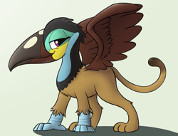 Size: 1187x909 | Tagged: safe, artist:whiskeypanda, derpibooru exclusive, oc, oc only, big cat, griffon, toucan, /mlp/, drawthread, female, green background, griffon oc, looking at you, puma, simple background, smiling, solo, spread wings, toucan griffon, wings