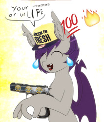 Size: 755x885 | Tagged: safe, artist:replica, edit, oc, oc only, oc:nolegs, bat pony, pony, bat pony oc, deep fried meme, dialogue, emoji, eyes closed, female, gun, handgun, hat, mare, meme, memetastic, open mouth, pistol, robbery, shutterstock, smiling, solo, speech bubble, suddenly hands, text, wat, weapon, 👌, 💯, 🔥, 😂