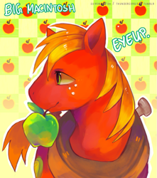 Size: 729x825 | Tagged: dead source, safe, artist:suikuzu, big macintosh, earth pony, pony, abstract background, adobe imageready, apple, male, mouth hold, solo, stallion