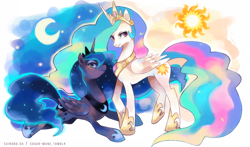 Size: 1300x763 | Tagged: dead source, safe, artist:suikuzu, princess celestia, princess luna, alicorn, pony, adobe imageready, cutie mark background, duo, female, mare, moon, sisters, sun