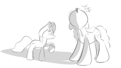 Size: 841x475 | Tagged: safe, artist:cosmonaut, derpibooru import, oc, oc only, oc:gloomy, oc:marker pony, pony, unicorn, 4chan, growth, monochrome, potion, size difference, sketch, watch, wristwatch