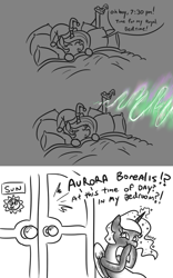 Size: 739x1185 | Tagged: safe, artist:jargon scott, princess celestia, princess luna, alicorn, pony, aurora borealis, bed, bedroom, celestia is not amused, comic, dialogue, duo, female, hat, laughing, mare, meme, nightcap, pfft, prank, raspberry, raspberry noise, royal sisters, sibling rivalry, simpsons did it, sleeping, speech bubble, steamed hams, the simpsons, tongue out, unamused