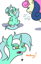 Size: 660x1014 | Tagged: safe, artist:jargon scott, bon bon, lyra heartstrings, sweetie drops, earth pony, pony, spider, unicorn, back, bon bon is not amused, both cutie marks, comic, cutie mark, dialogue, eww, female, fetish, gross, horn, looking back, mare, open mouth, pica, ponies eating bugs, secret, simple background, spider web, unamused, white background