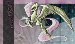 Size: 890x517 | Tagged: safe, artist:nastylady, fluttershy, pegasus, pony, abstract background, bucket, discorded, female, flutterbitch, flying, mare, photoshop, solo