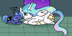 Size: 798x406 | Tagged: safe, artist:ponygoggles, princess celestia, princess luna, alicorn, pony, crying, cute, duo, duo female, eyes closed, female, filly, mare, open mouth, prone, s1 luna, smiling