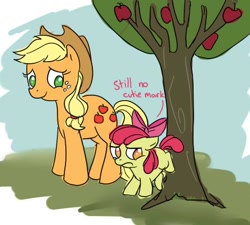 Size: 474x427 | Tagged: safe, artist:ponygoggles, apple bloom, applejack, earth pony, pony, apple sisters, bucking, duo, duo female, female, filly, foal, mare, no pupils, paint tool sai, siblings, sisters, tree