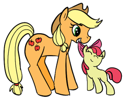Size: 494x396 | Tagged: safe, artist:ponygoggles, apple bloom, applejack, earth pony, pony, adobe imageready, apple sisters, duo, duo female, eyes closed, female, filly, foal, mare, mouth hold, photoshop, siblings, simple background, sisters, white background