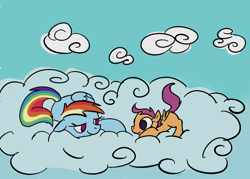 Size: 738x528 | Tagged: safe, artist:ponygoggles, rainbow dash, scootaloo, pegasus, pony, blank flank, cloud, duo, duo female, eye contact, female, filly, floppy ears, foal, hooves, looking at each other, lying on a cloud, mare, no pupils, on a cloud, on side, prone, scootalove, smiling, wings