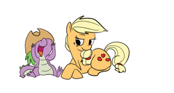 Size: 1134x610 | Tagged: safe, artist:ponygoggles, applejack, spike, dragon, earth pony, pony, accessory swap, applejack's hat, applespike, baby, baby dragon, cowboy hat, cute, cutie mark, female, hat, male, mare, open mouth, palindrome get, prone, shipping, simple background, sitting, spikabetes, stetson, straight, white background