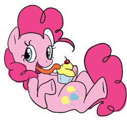 Size: 500x500 | Tagged: safe, artist:ponygoggles, pinkie pie, earth pony, pony, cupcake, female, licking, mare, on back, simple background, solo, white background