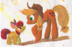 Size: 880x582 | Tagged: safe, artist:ponygoggles, apple bloom, applejack, earth pony, pony, apple sisters, duo, duo female, eye contact, female, filly, foal, looking at each other, mare, siblings, sisters, traditional art
