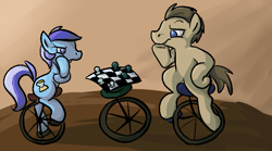 Size: 817x453 | Tagged: safe, artist:ponygoggles, doctor whooves, minuette, earth pony, pony, chess, context is for the weak, duo, female, male, mare, no pupils, romana, stallion, unicycle