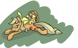 Size: 1761x1084 | Tagged: safe, artist:ponygoggles, apple bloom, applejack, earth pony, pony, abstract background, accessory swap, apple sisters, duo, female, filly, foal, hat, mare, no pupils, prone, siblings, simple background, sisters, white background