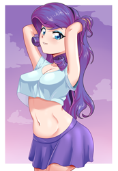 Size: 624x900 | Tagged: safe, artist:thebrokencog, rarity, human, adorasexy, arm behind head, armpits, belly button, blushing, breasts, cleavage, clothes, cloud, cute, female, grin, humanized, looking at you, messy hair, midriff, miniskirt, pose, raritits, sexy, skirt, smiling, solo, tanktop