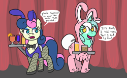 Size: 1340x826 | Tagged: safe, artist:jargon scott, bon bon, lyra heartstrings, sweetie drops, earth pony, pony, unicorn, a christmas story, alcohol, animal costume, bunny costume, bunny ears, bunny suit, clothes, costume, cute, dialogue, drink, fishnet stockings, kigurumi, lyrabetes, tray