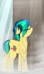 Size: 815x1372 | Tagged: safe, artist:shinodage, oc, oc only, oc:apogee, pegasus, pony, eyes closed, female, filly, freckles, plot, shower, smiling, solo, wet, wet mane