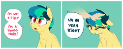 Size: 1944x781 | Tagged: safe, artist:shinodage, oc, oc only, oc:apogee, human, pegasus, pony, 2 panel comic, :t, blue background, chest fluff, chest freckles, comic, cute, disembodied hand, ear freckles, eyes closed, female, filly, floppy ears, freckles, frown, hand, head pat, ocbetes, open mouth, pat, petting, scrunchy face, simple background, solo focus, speech bubble