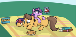 Size: 1754x853 | Tagged: safe, artist:ponygoggles, caramel, twilight sparkle, earth pony, pony, unicorn, apple, book, candy, caralight, female, male, mare, no pupils, pie, prone, rarepair, shipping, stallion, straight