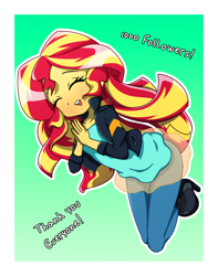 Size: 1500x1900 | Tagged: safe, artist:rockset, sunset shimmer, equestria girls, blushing, clothes, eyes closed, female, jacket, jumping, open mouth, simple background, smiling, solo, text