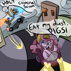 Size: 2000x2000 | Tagged: safe, artist:ponygoggles, pinkie pie, snails, snips, earth pony, pony, unicorn, car, chase, colt, criminal scum, female, fuck the police, gun, high res, male, mare, stop right there criminal scum, trio