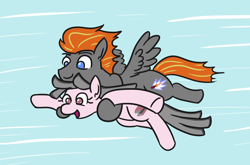 Size: 942x623 | Tagged: safe, artist:jargon scott, oc, oc only, oc:jet fuel, oc:steel beams, earth pony, pegasus, pony, flying, holding a pony, open mouth, smiling, spread wings, wings