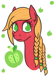 Size: 566x773 | Tagged: safe, artist:jargon scott, big macintosh, macareina, earth pony, pony, apple, braid, bust, female, food, looking at you, mare, rule 63, solo