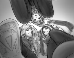 Size: 1003x795 | Tagged: safe, artist:alloyrabbit, adagio dazzle, aria blaze, sonata dusk, equestria girls, rainbow rocks, female, gem, grayscale, looking at you, macro, monochrome, offscreen character, pov, siren gem, the dazzlings